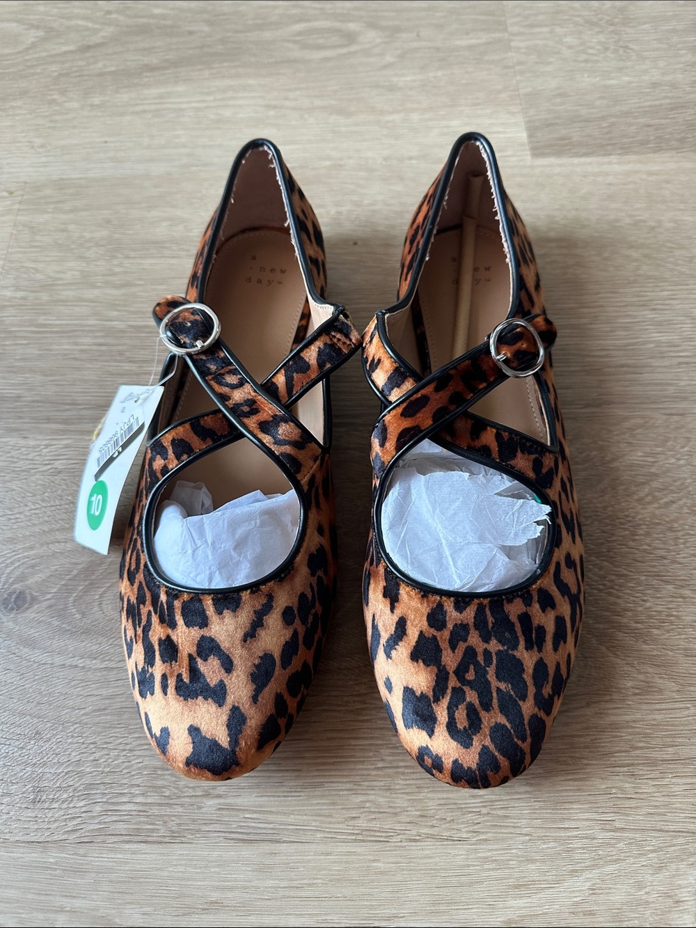 Leopard Print Mary Jane Flats with Cross Strap - Brown